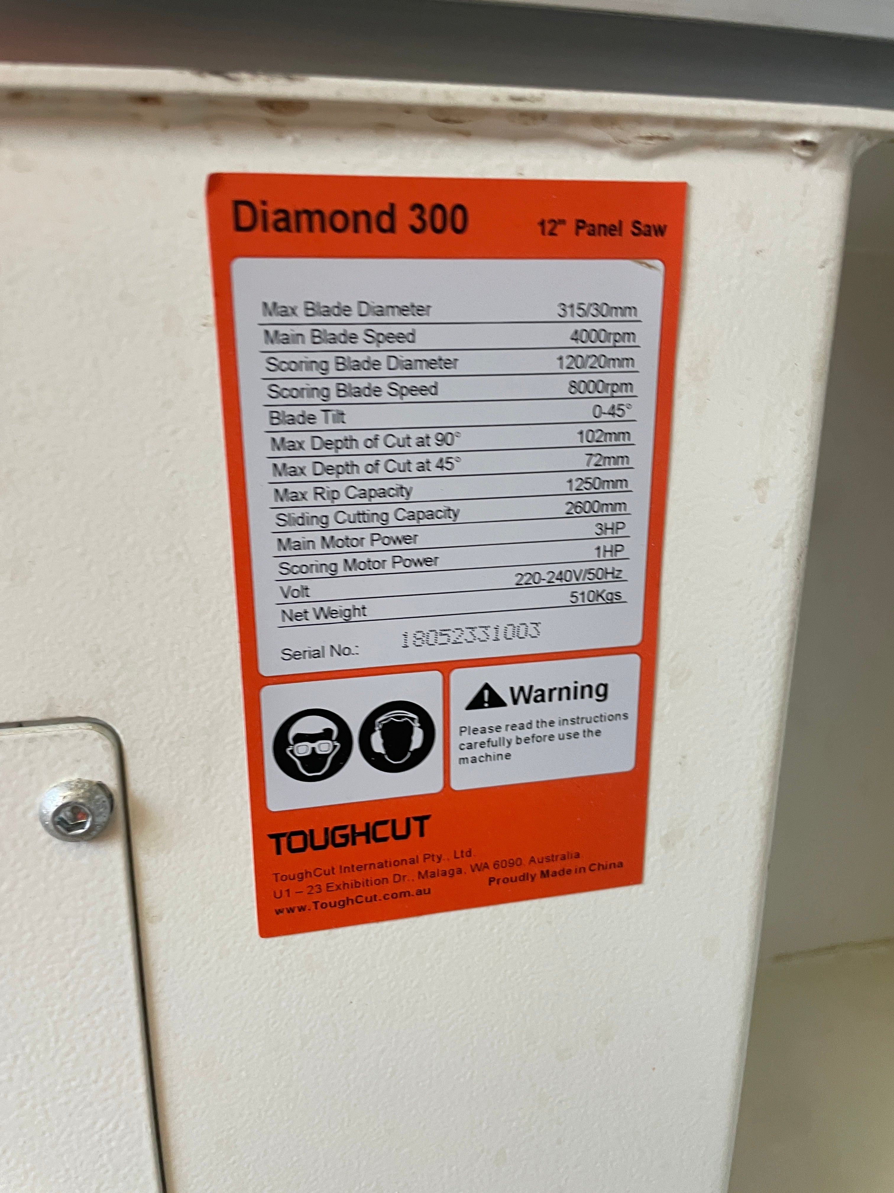 ToughCut 315mm (12") 3HP 2.6m Sliding Table Automatic Rise / Fall & Tilt Panel Saw 240V Diamond 300